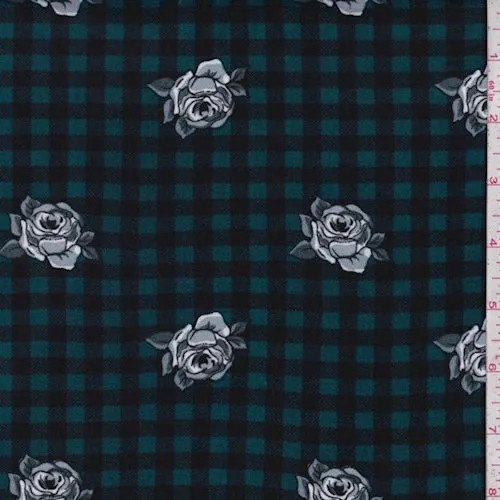 1 1/2 YD PC-Teal/Black Floral Check Double Brushed Jersey Knit Fabric