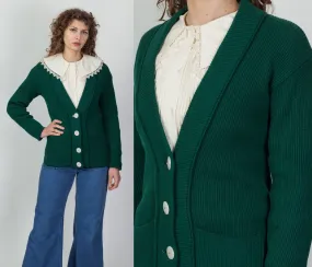 50s 60s Emerald Green Wool Knit Cardigan - Medium