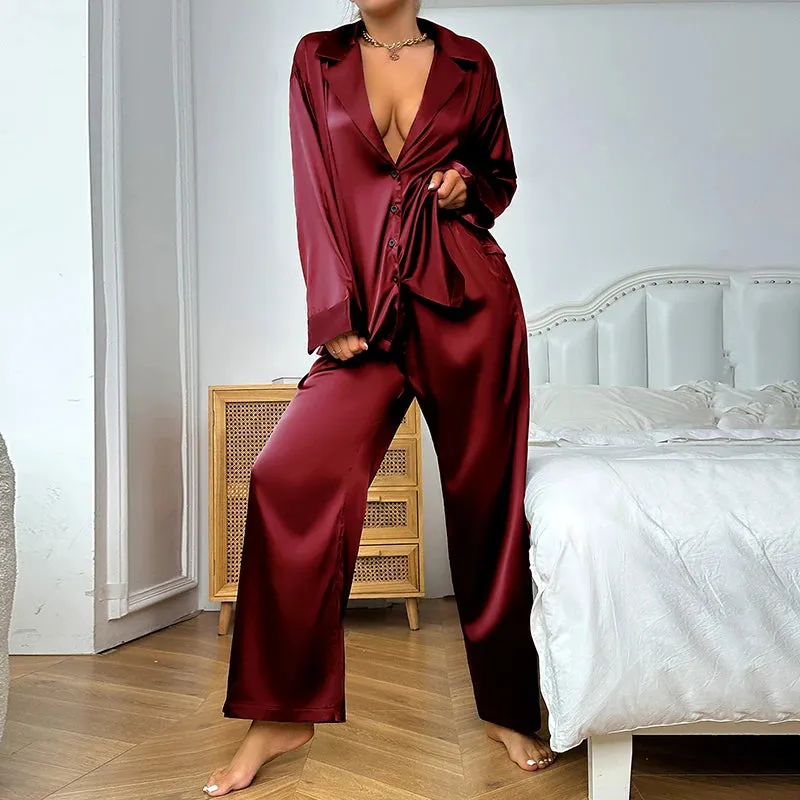 A&A V Neck Silk Satin Pajamas Loungewear Two piece Set