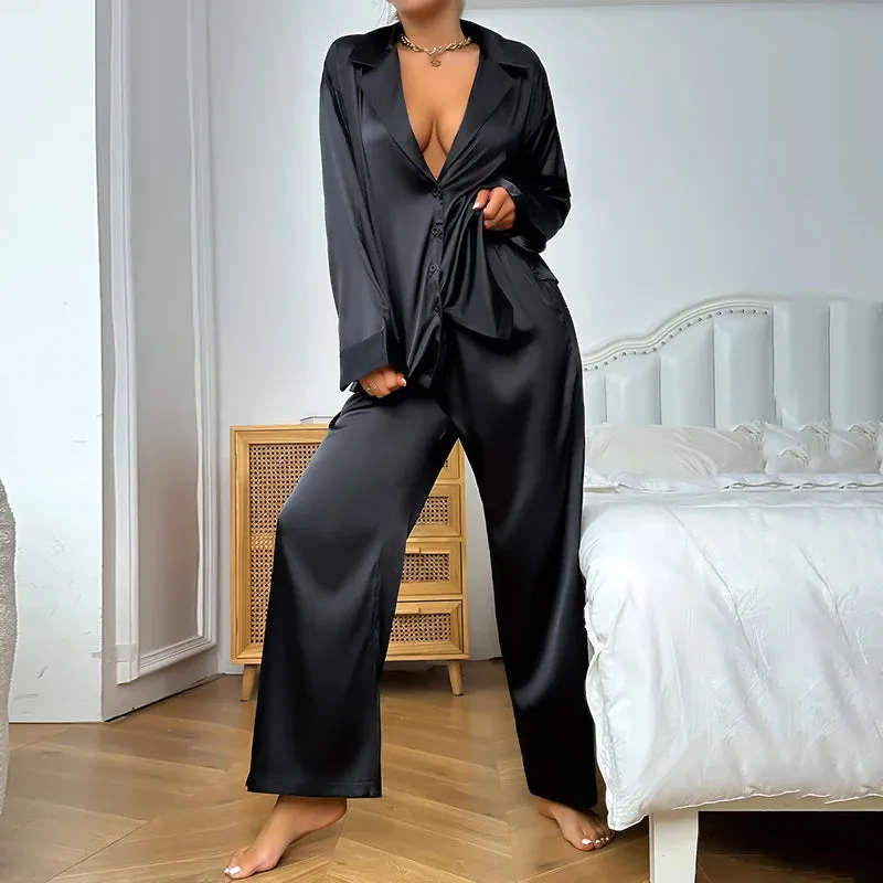 A&A V Neck Silk Satin Pajamas Loungewear Two piece Set