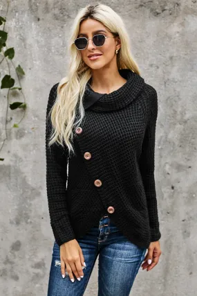 Black Buttoned Wrap Turtleneck Sweater