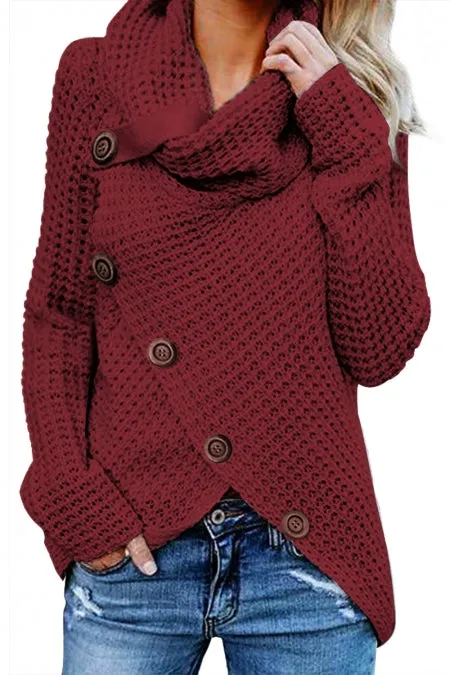 Burgundy Buttoned Wrap Turtleneck Sweater