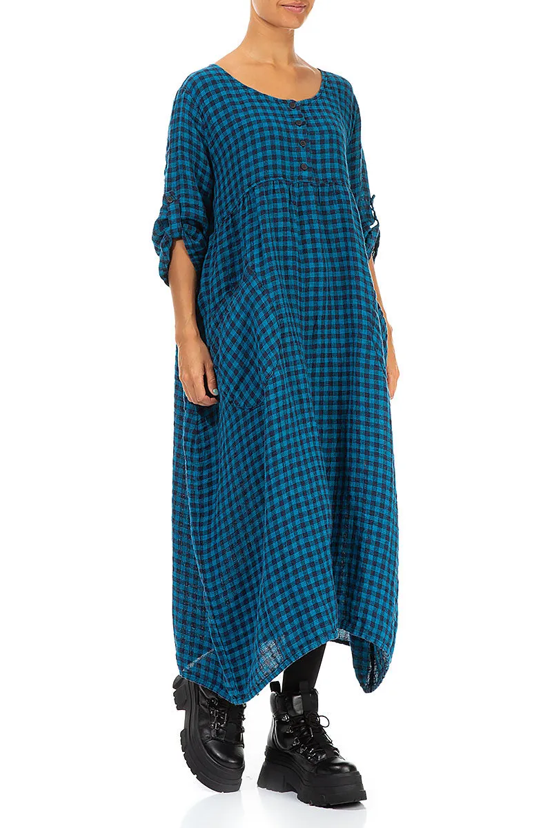 Buttoned Blue Check Linen Dress