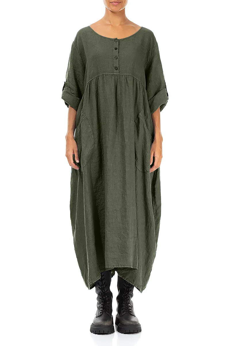 Buttoned Olive Linen Dress