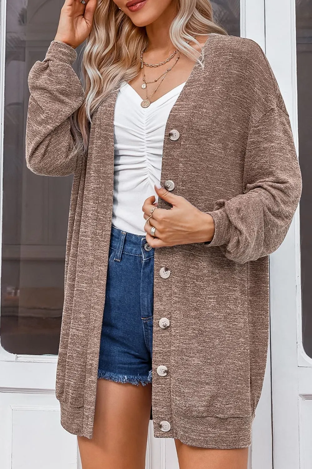 Buttoned V-Neck Long Sleeve Cardigans