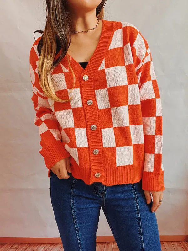 Cardigan Sweater - Plaid Knit Button Down With Ribbed Hem