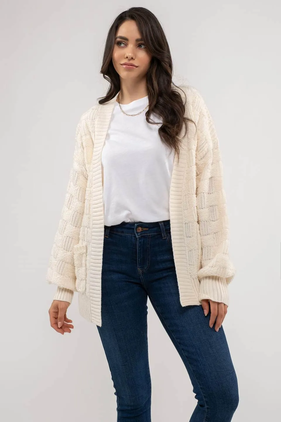 CHECKERED TEXTURED KNIT CARDIGAN