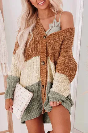 Chenille Color Block Buttoned Cardigan