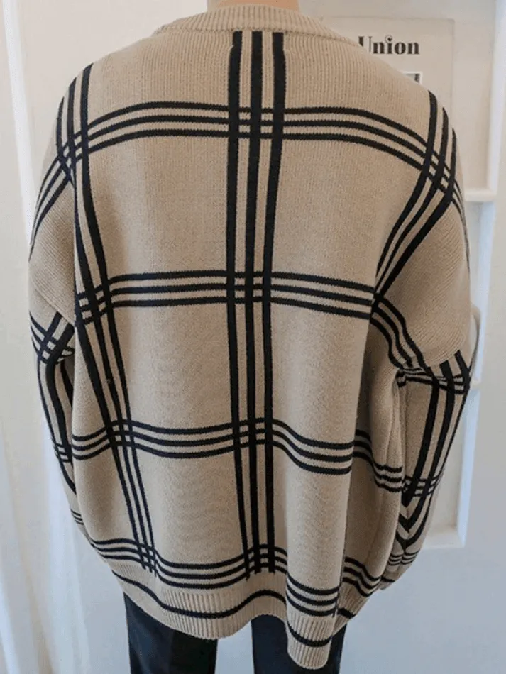 Chicmy-Men's V Neck Checkered Cardigan