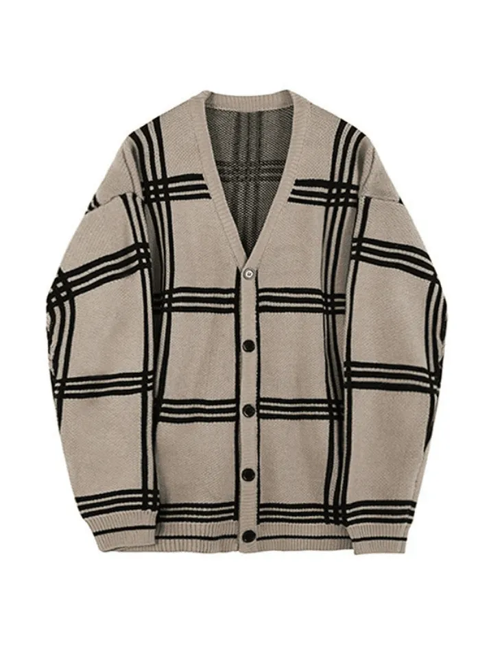 Chicmy-Men's V Neck Checkered Cardigan