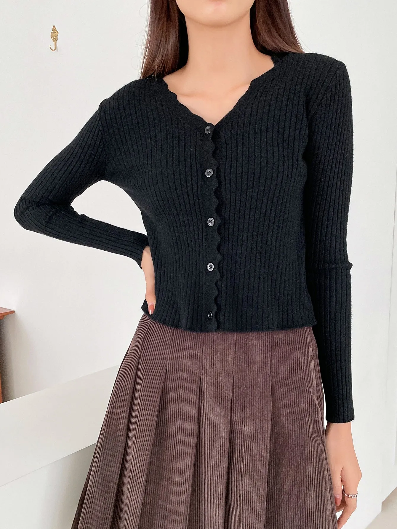 DAZY Scallop Trim Ribbed Knit Cardigan