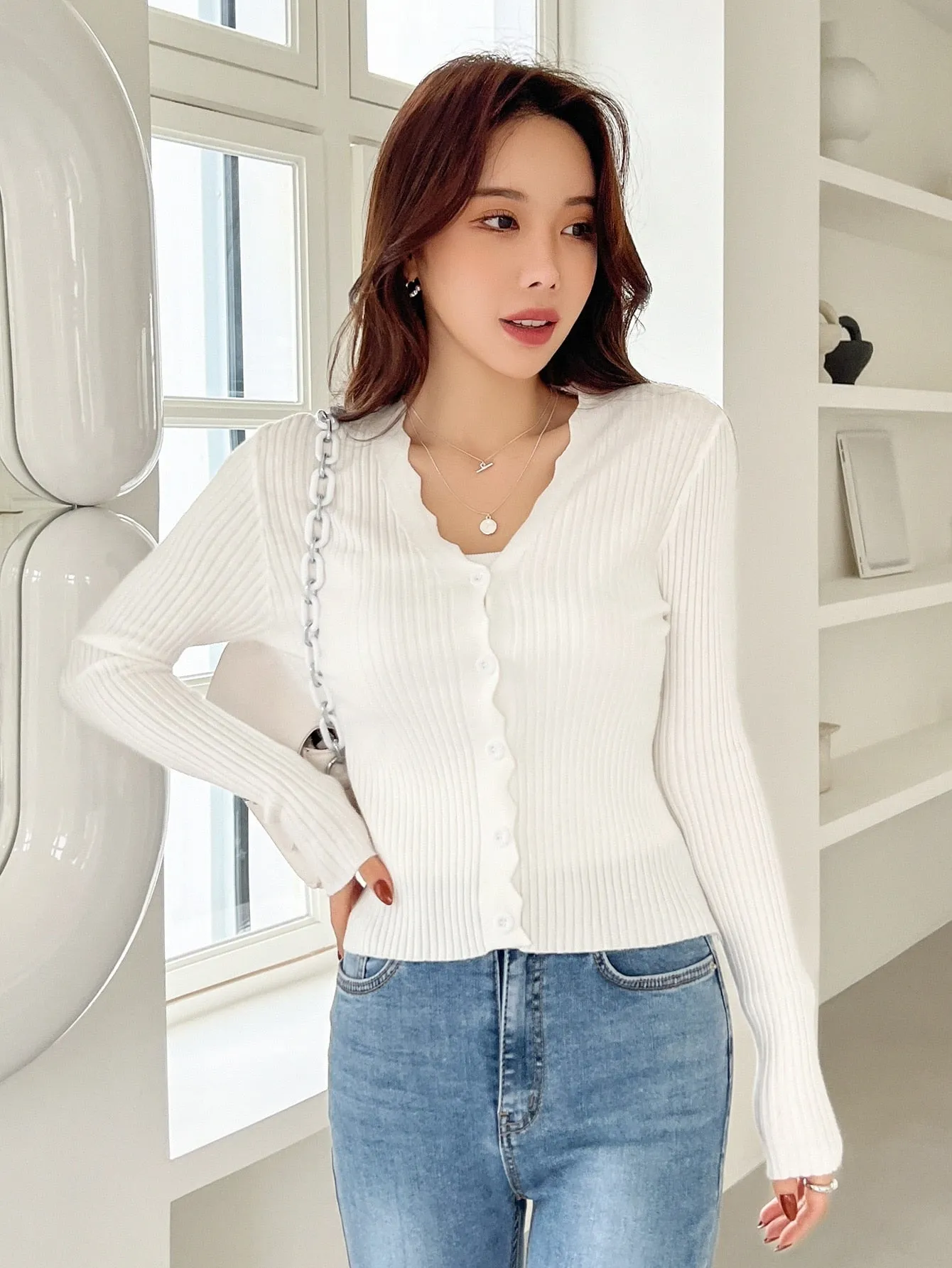 DAZY Scallop Trim Ribbed Knit Cardigan