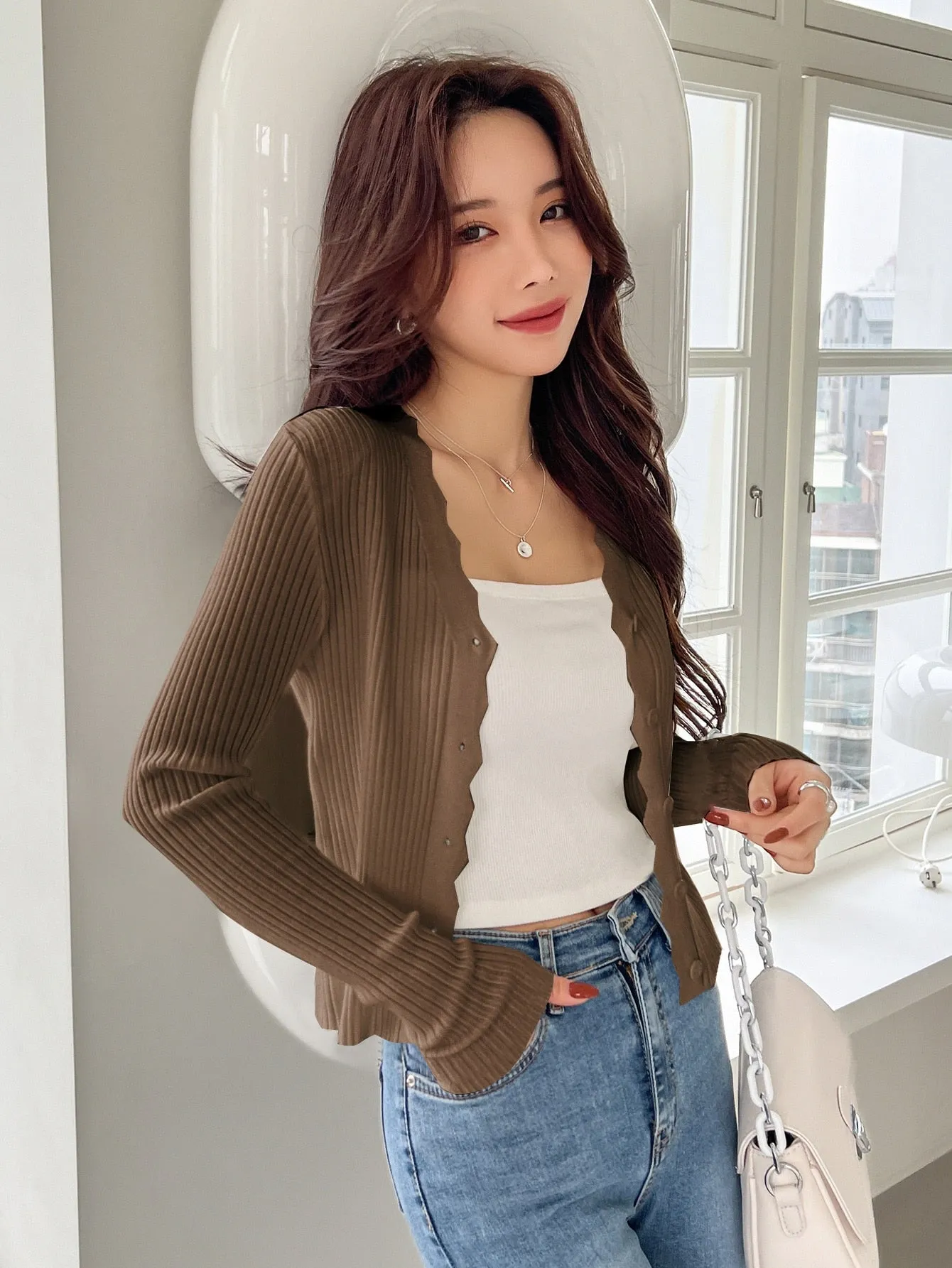 DAZY Scallop Trim Ribbed Knit Cardigan