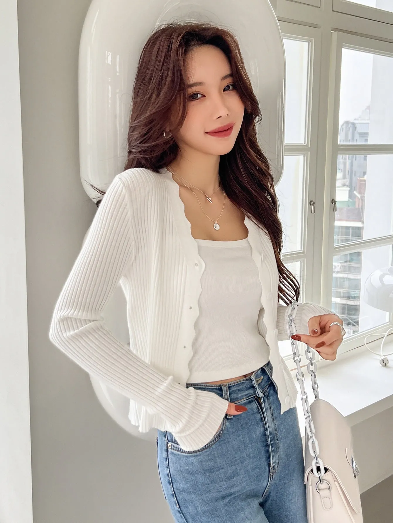 DAZY Scallop Trim Ribbed Knit Cardigan