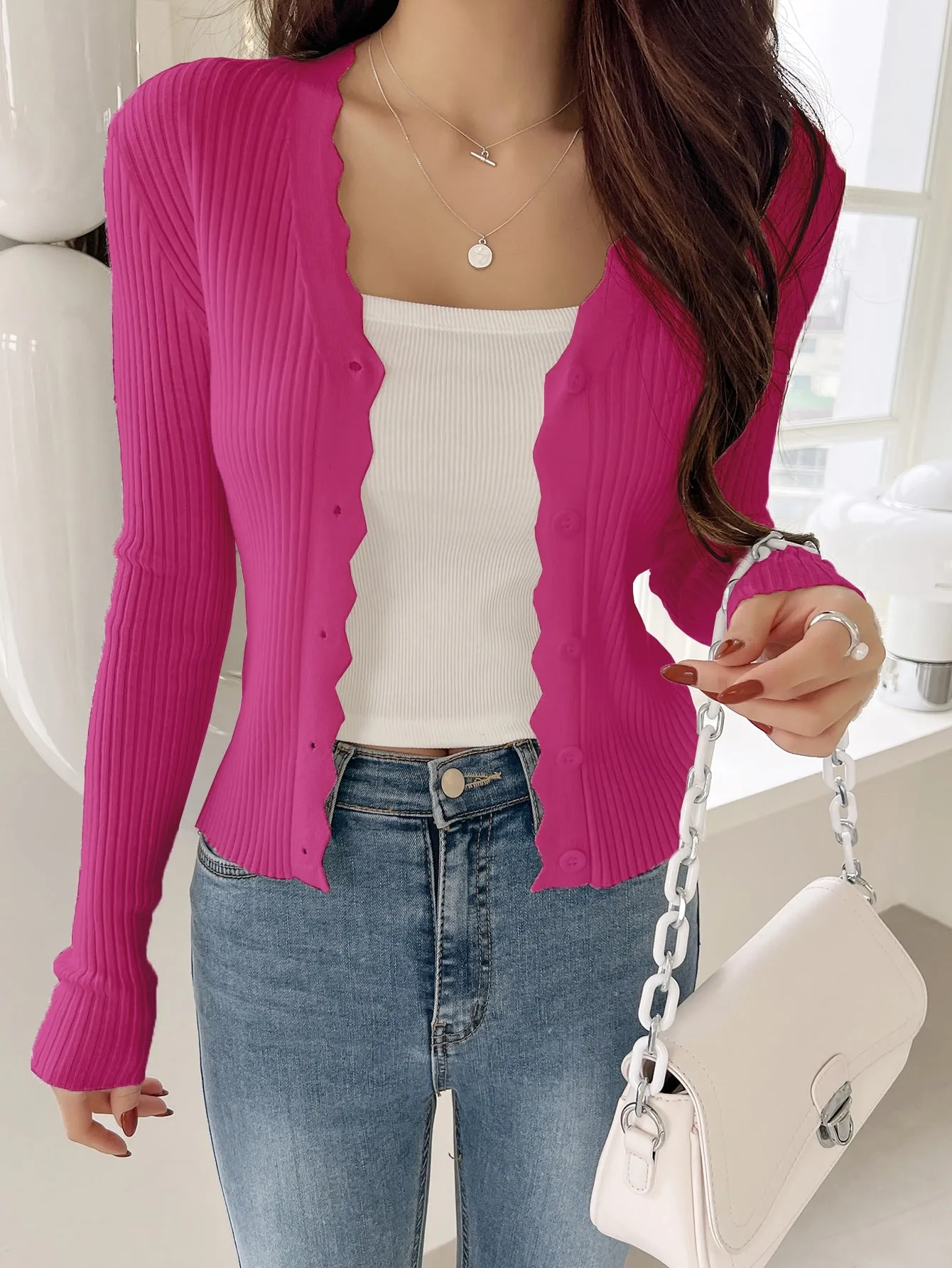 DAZY Scallop Trim Ribbed Knit Cardigan