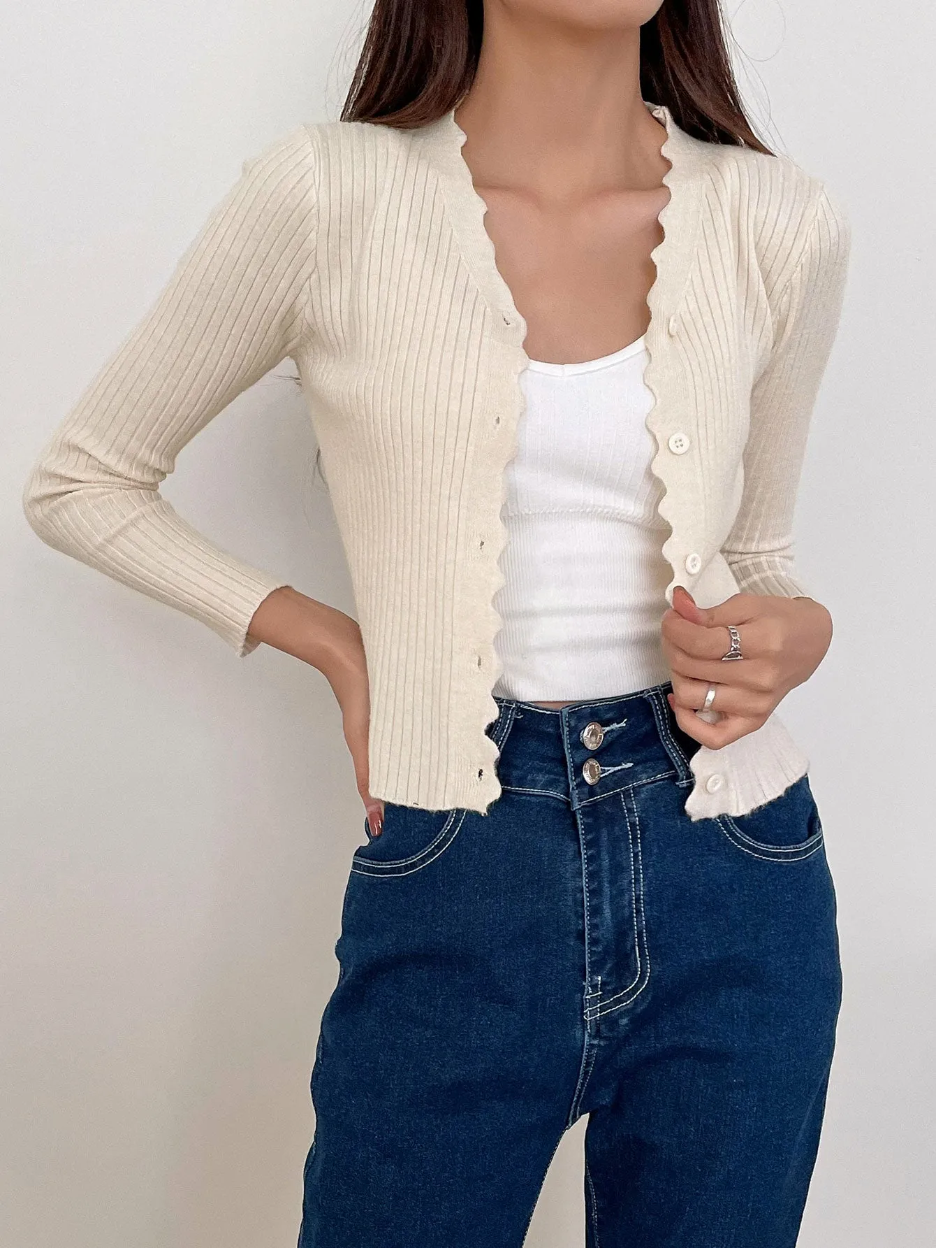 DAZY Scallop Trim Ribbed Knit Cardigan