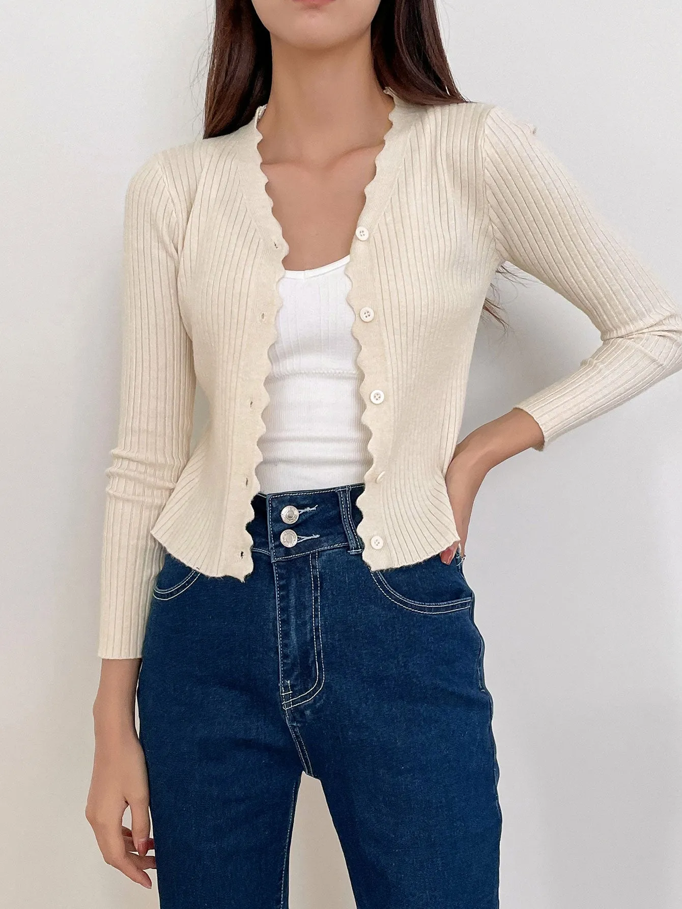 DAZY Scallop Trim Ribbed Knit Cardigan