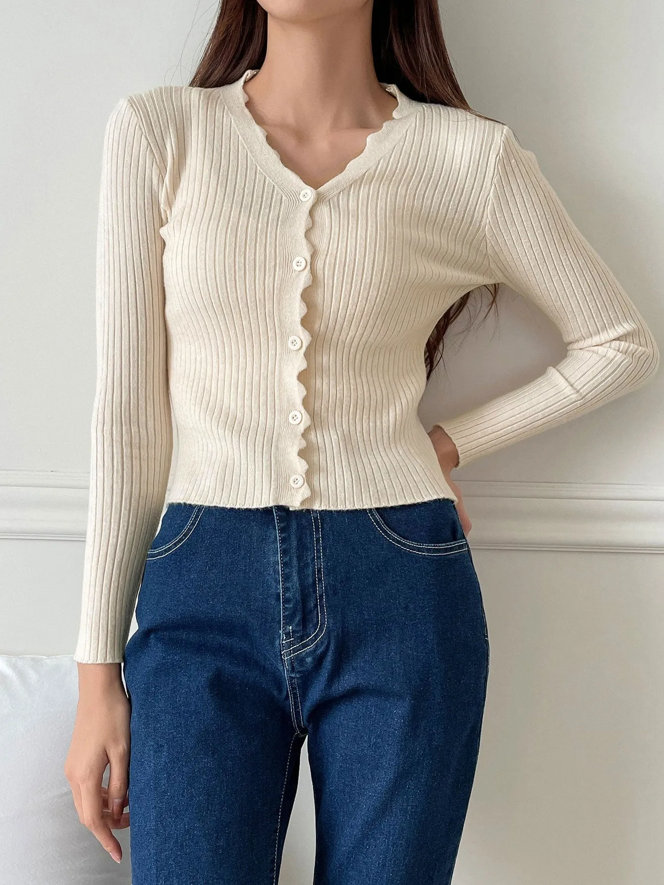 DAZY Scallop Trim Ribbed Knit Cardigan