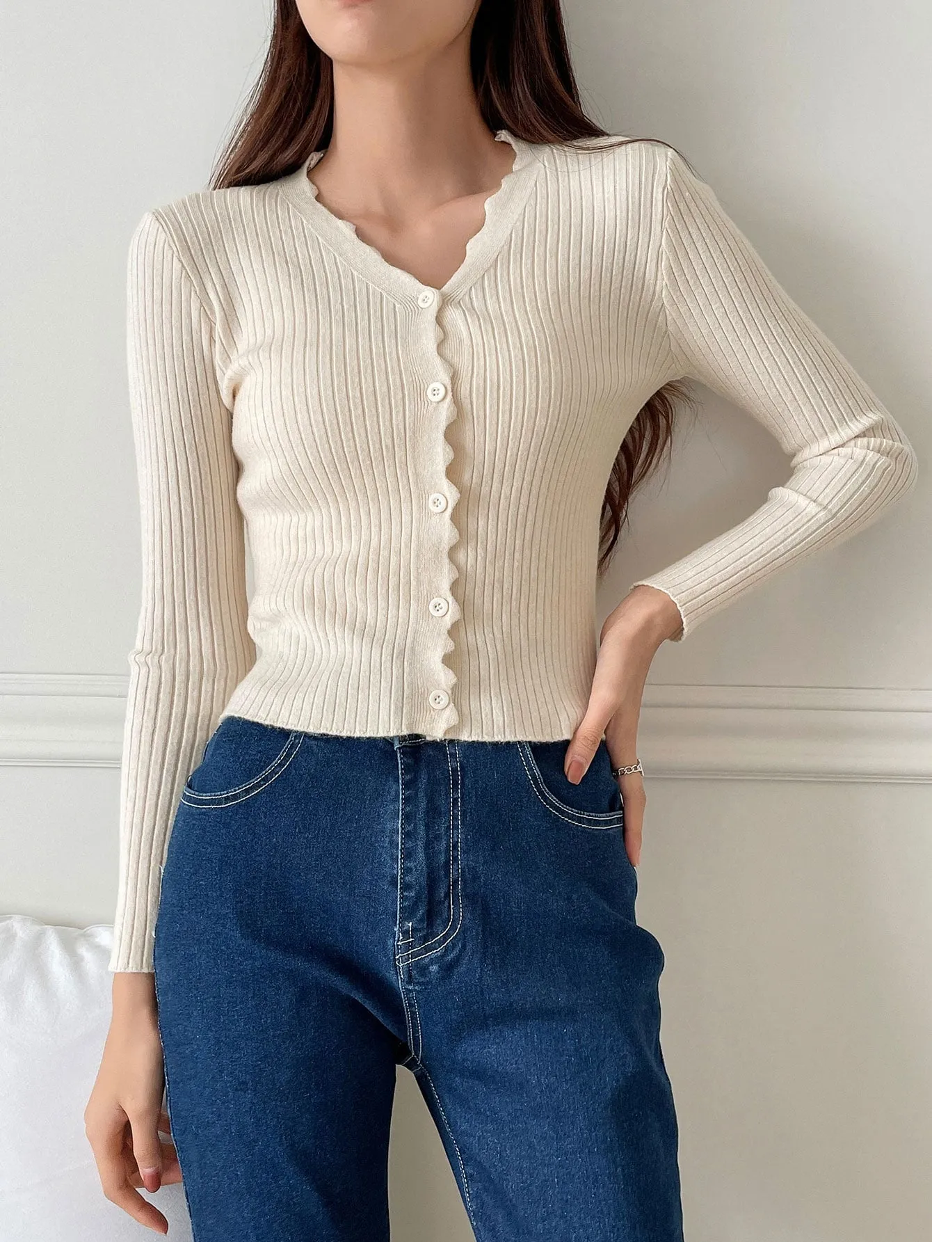 DAZY Scallop Trim Ribbed Knit Cardigan