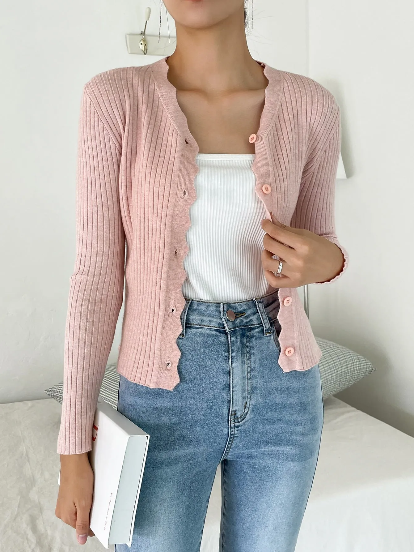 DAZY Scallop Trim Ribbed Knit Cardigan