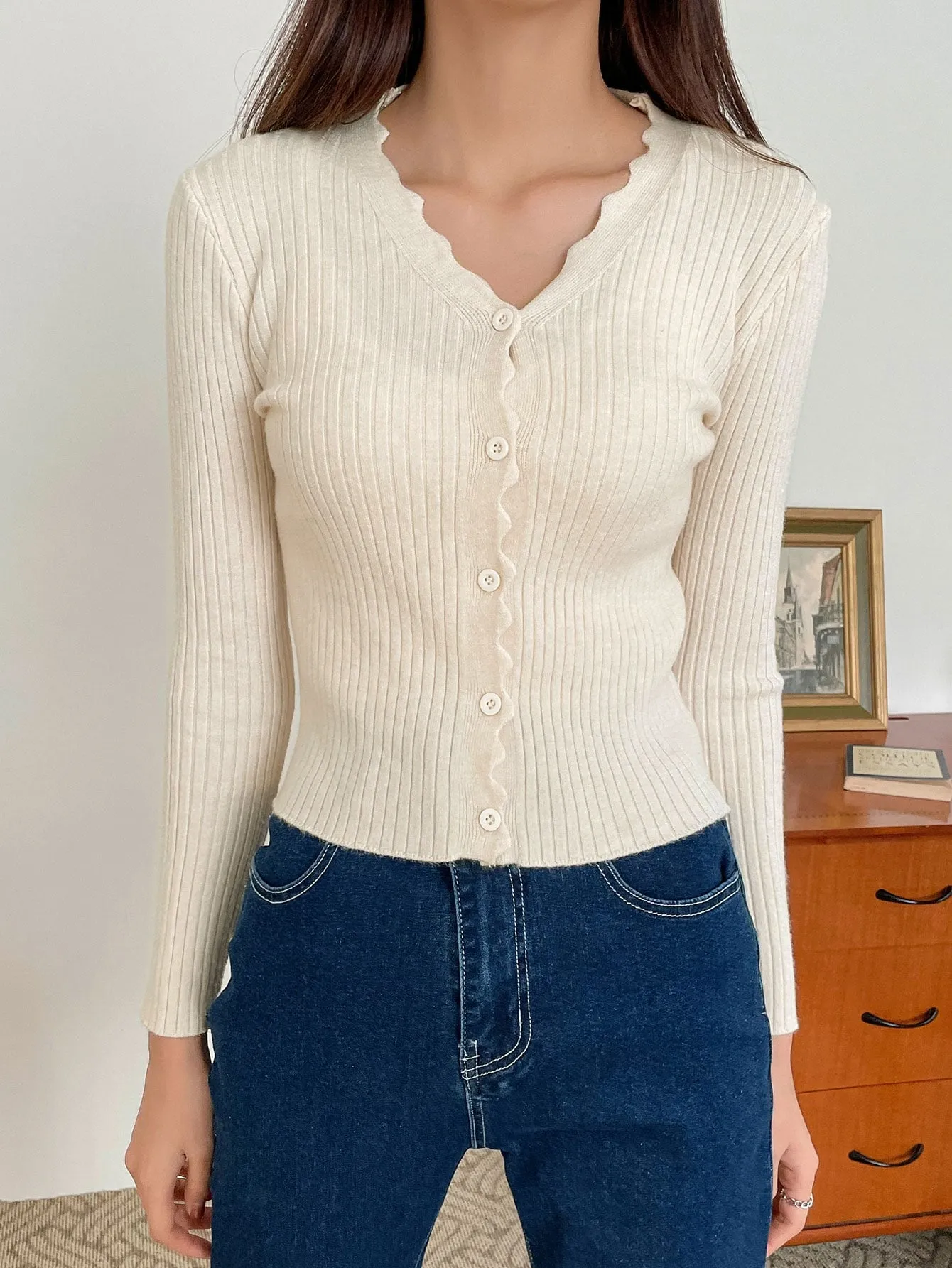 DAZY Scallop Trim Ribbed Knit Cardigan