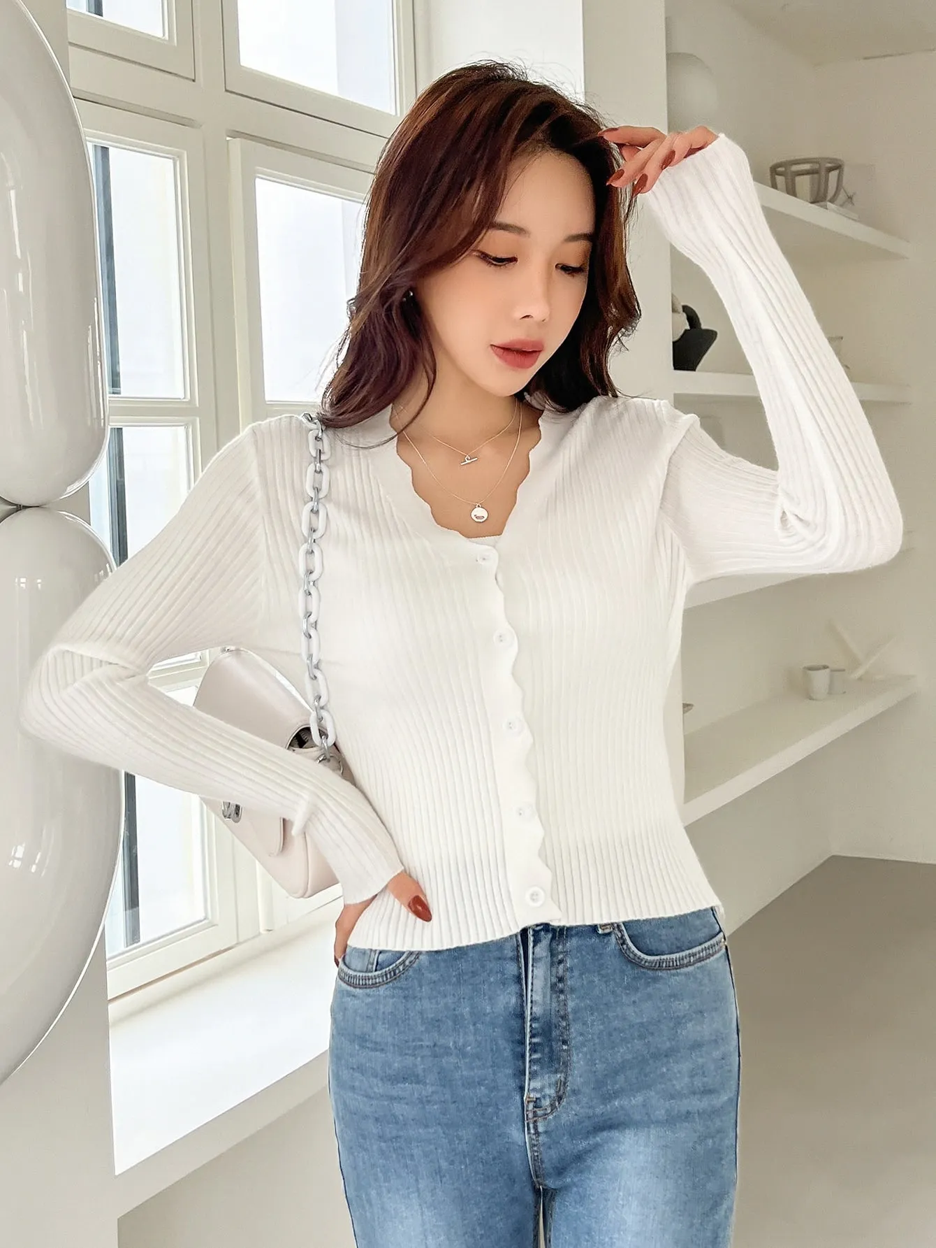 DAZY Scallop Trim Ribbed Knit Cardigan