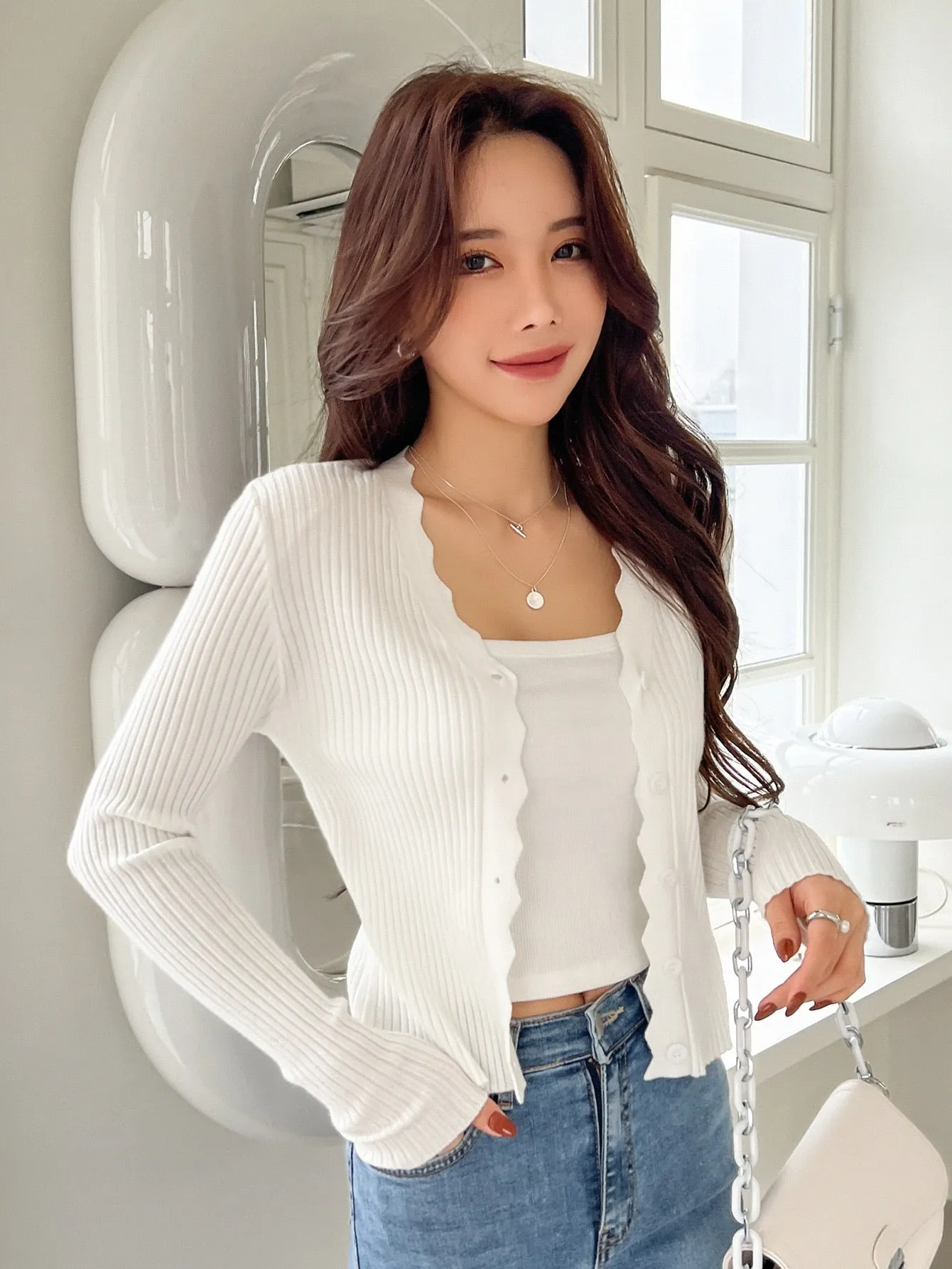 DAZY Scallop Trim Ribbed Knit Cardigan