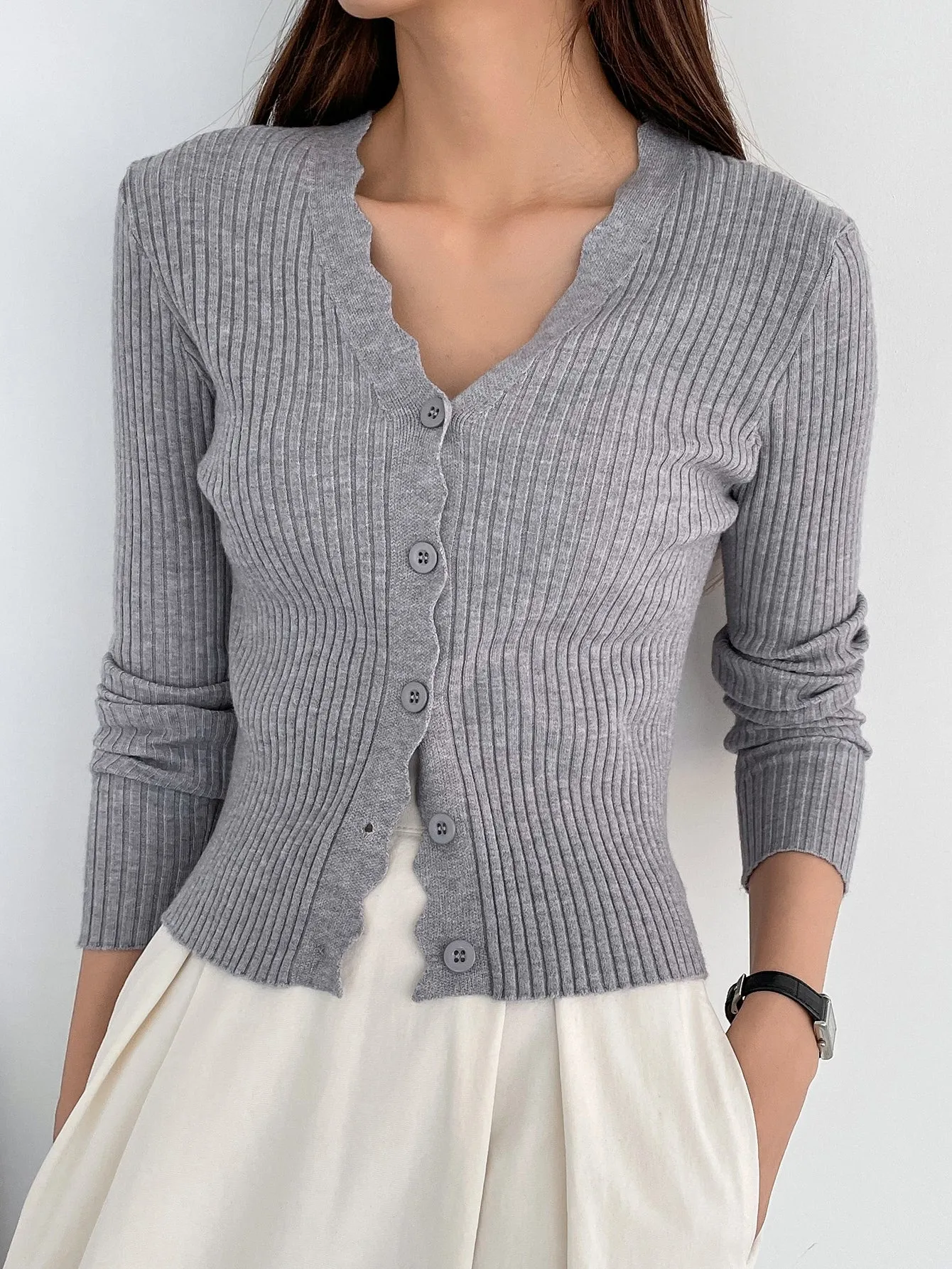 DAZY Scallop Trim Ribbed Knit Cardigan