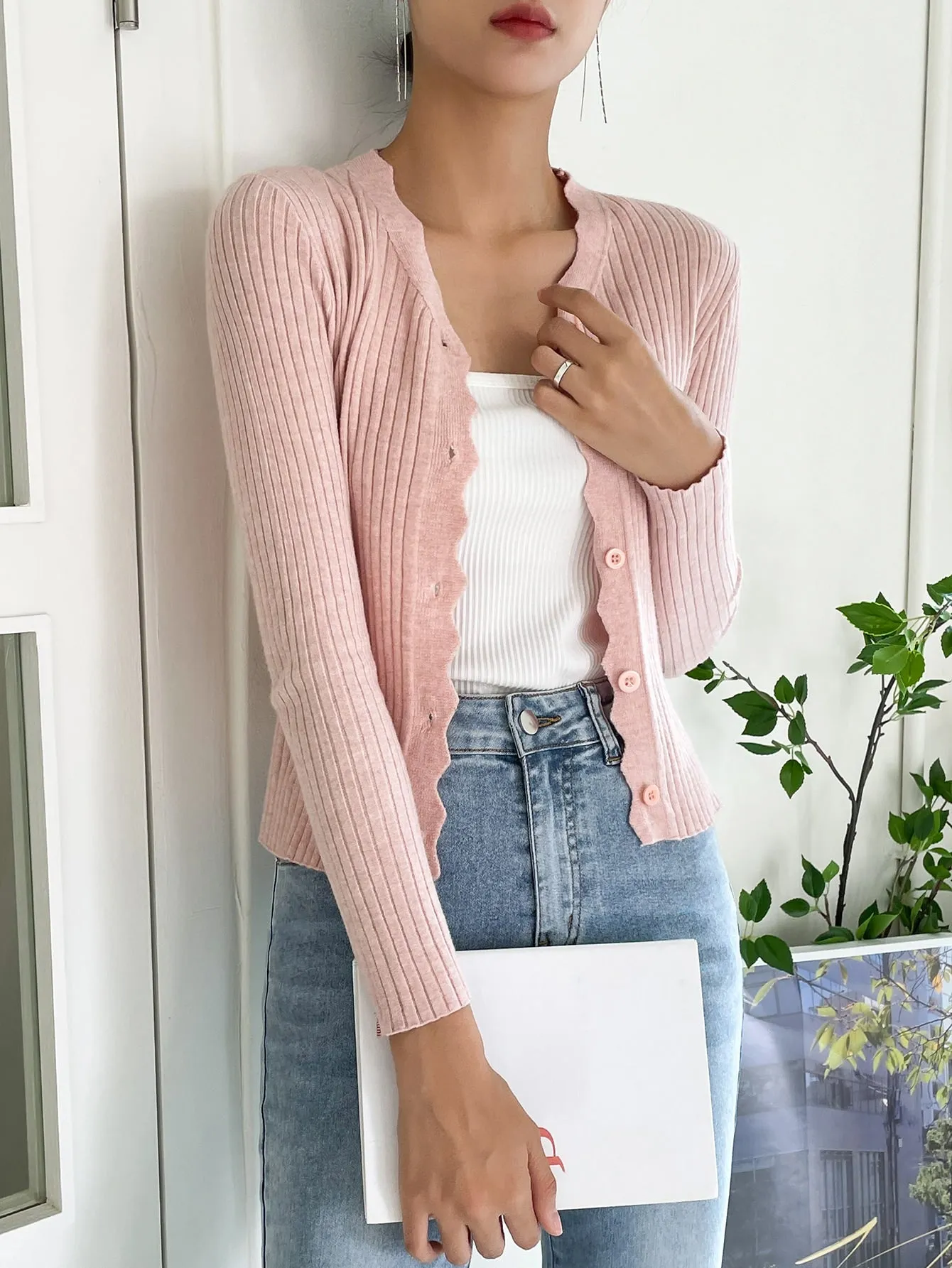 DAZY Scallop Trim Ribbed Knit Cardigan