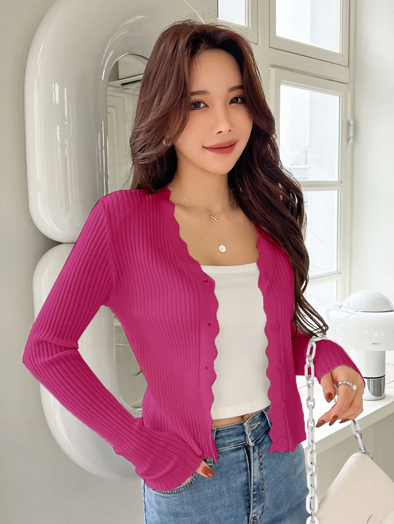 DAZY Scallop Trim Ribbed Knit Cardigan