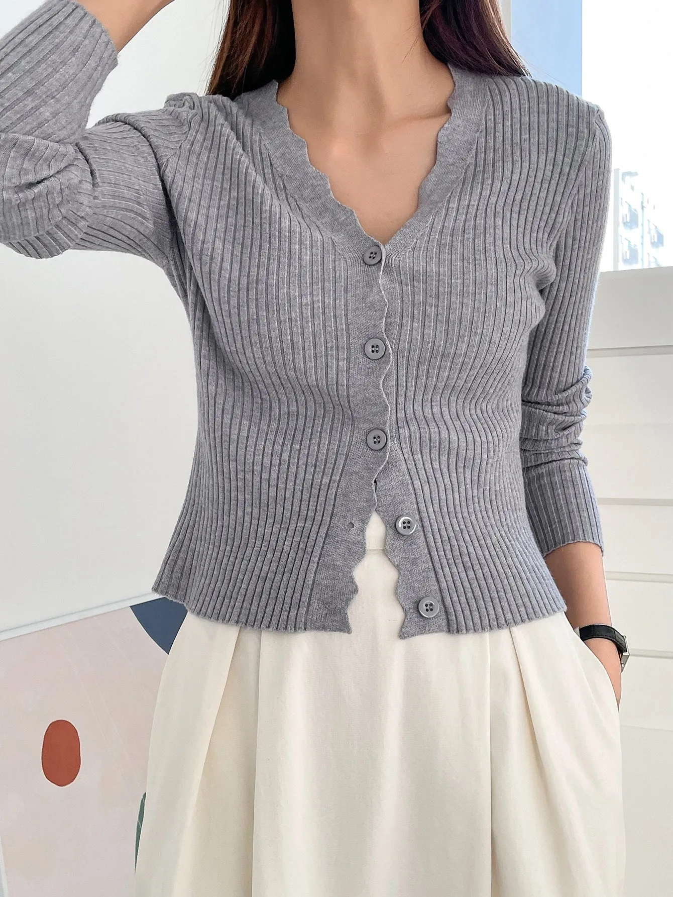 DAZY Scallop Trim Ribbed Knit Cardigan