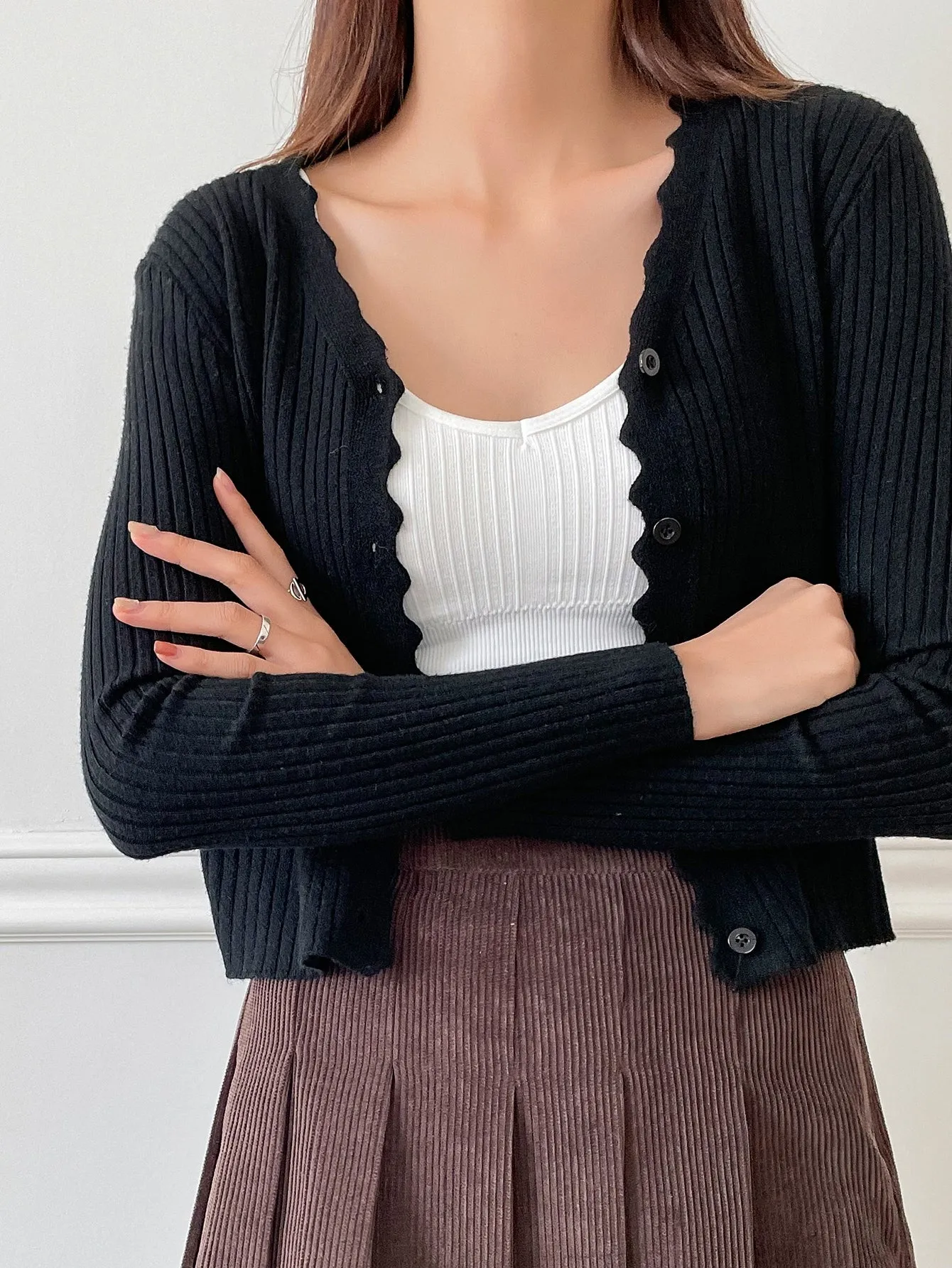 DAZY Scallop Trim Ribbed Knit Cardigan