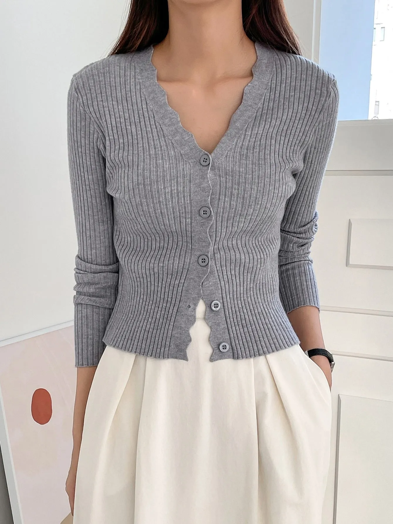 DAZY Scallop Trim Ribbed Knit Cardigan