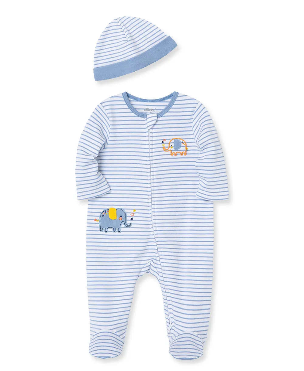 Elephant 2-Way-Zip Footed One-Piece And Hat