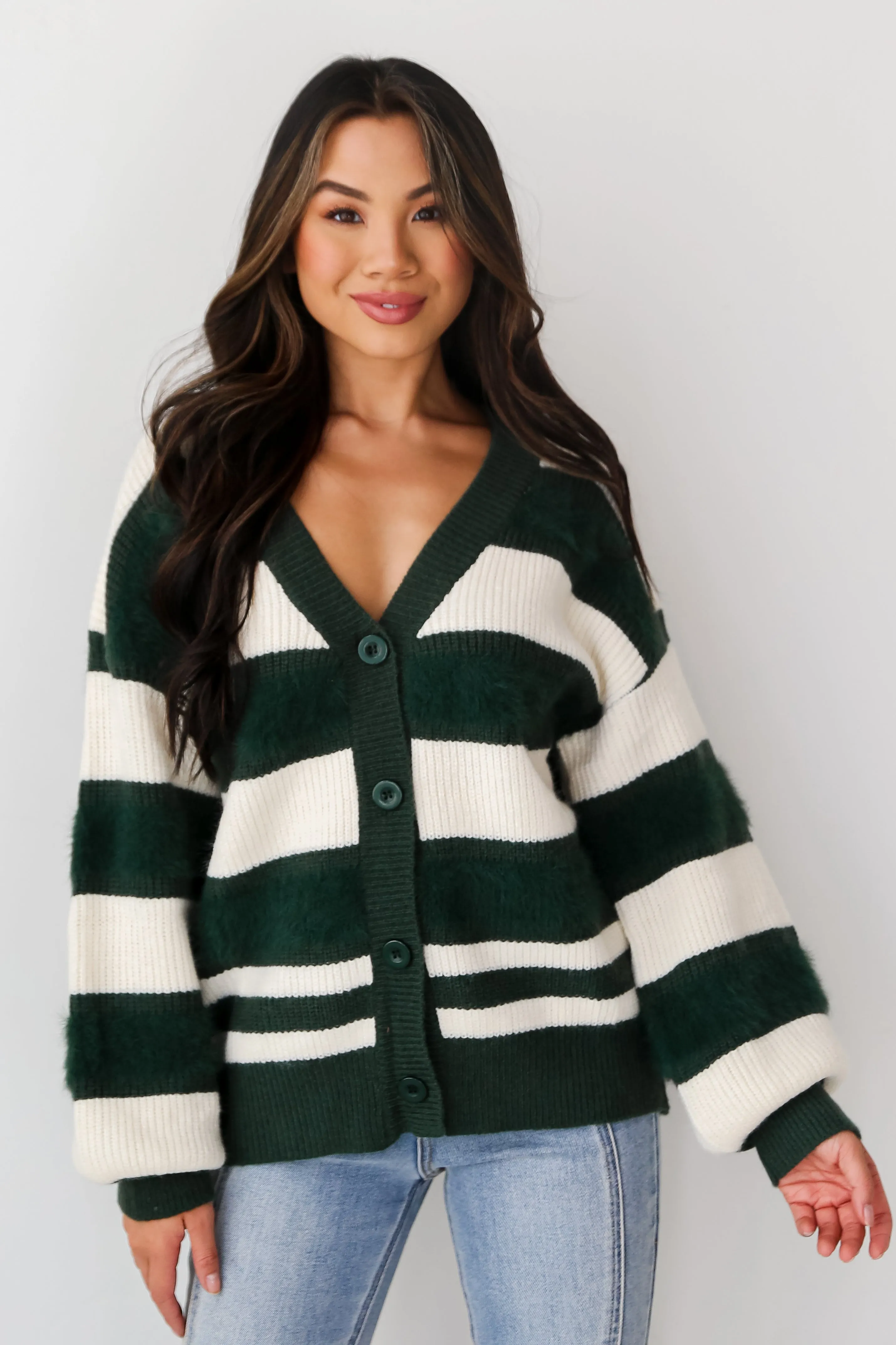 FINAL SALE - Snuggly Expression Hunter Green Striped Oversized Sweater Cardigan