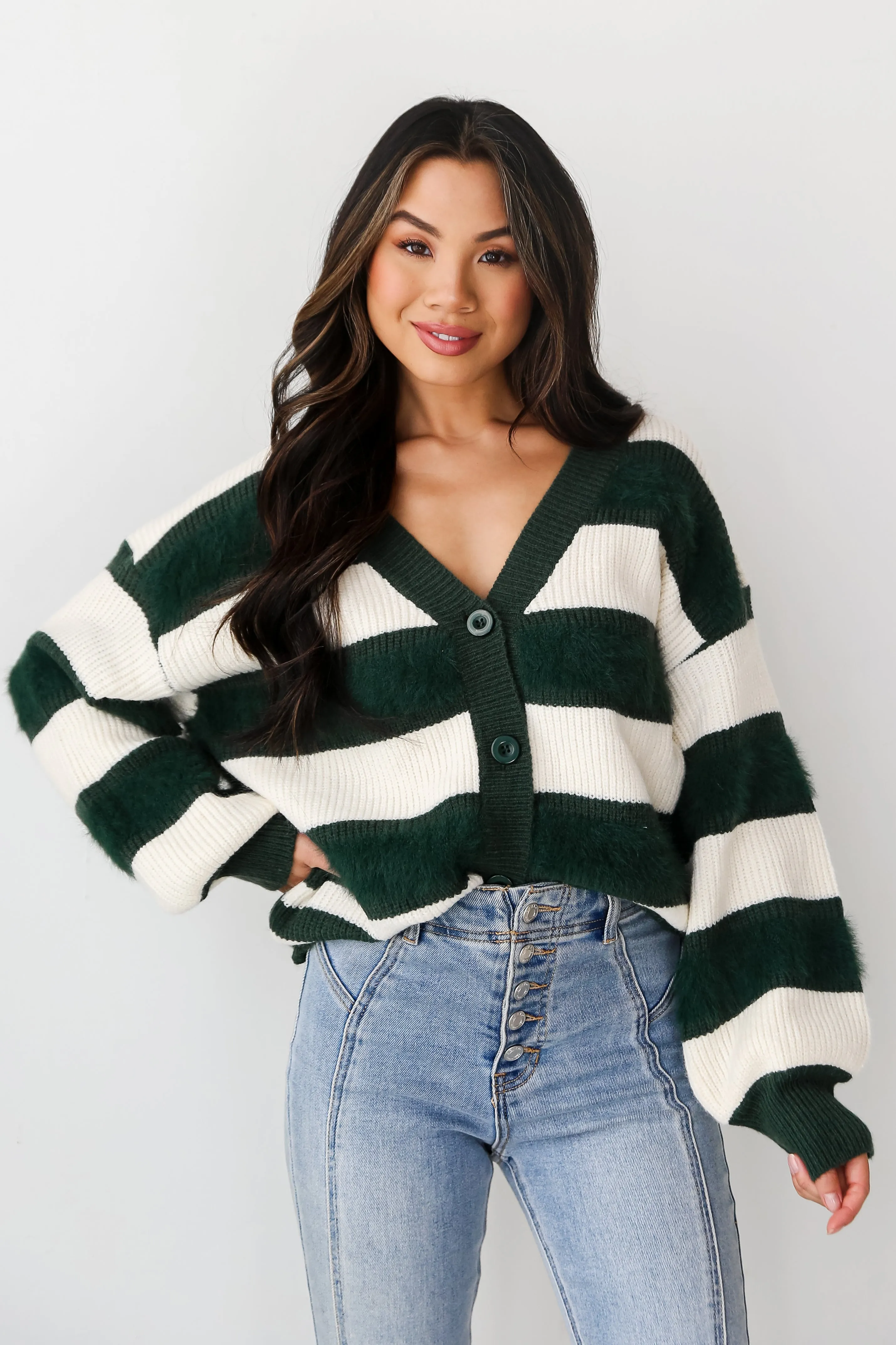 FINAL SALE - Snuggly Expression Hunter Green Striped Oversized Sweater Cardigan