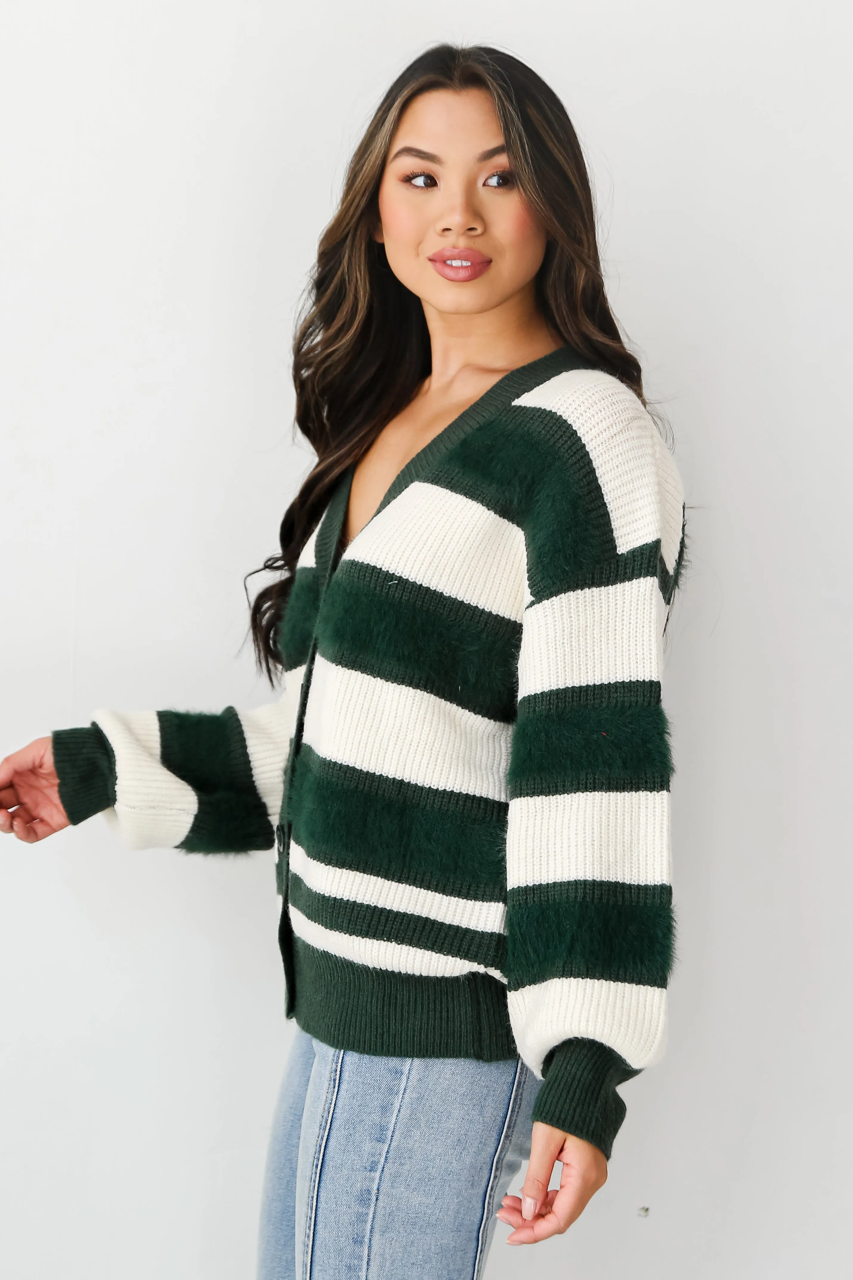 FINAL SALE - Snuggly Expression Hunter Green Striped Oversized Sweater Cardigan