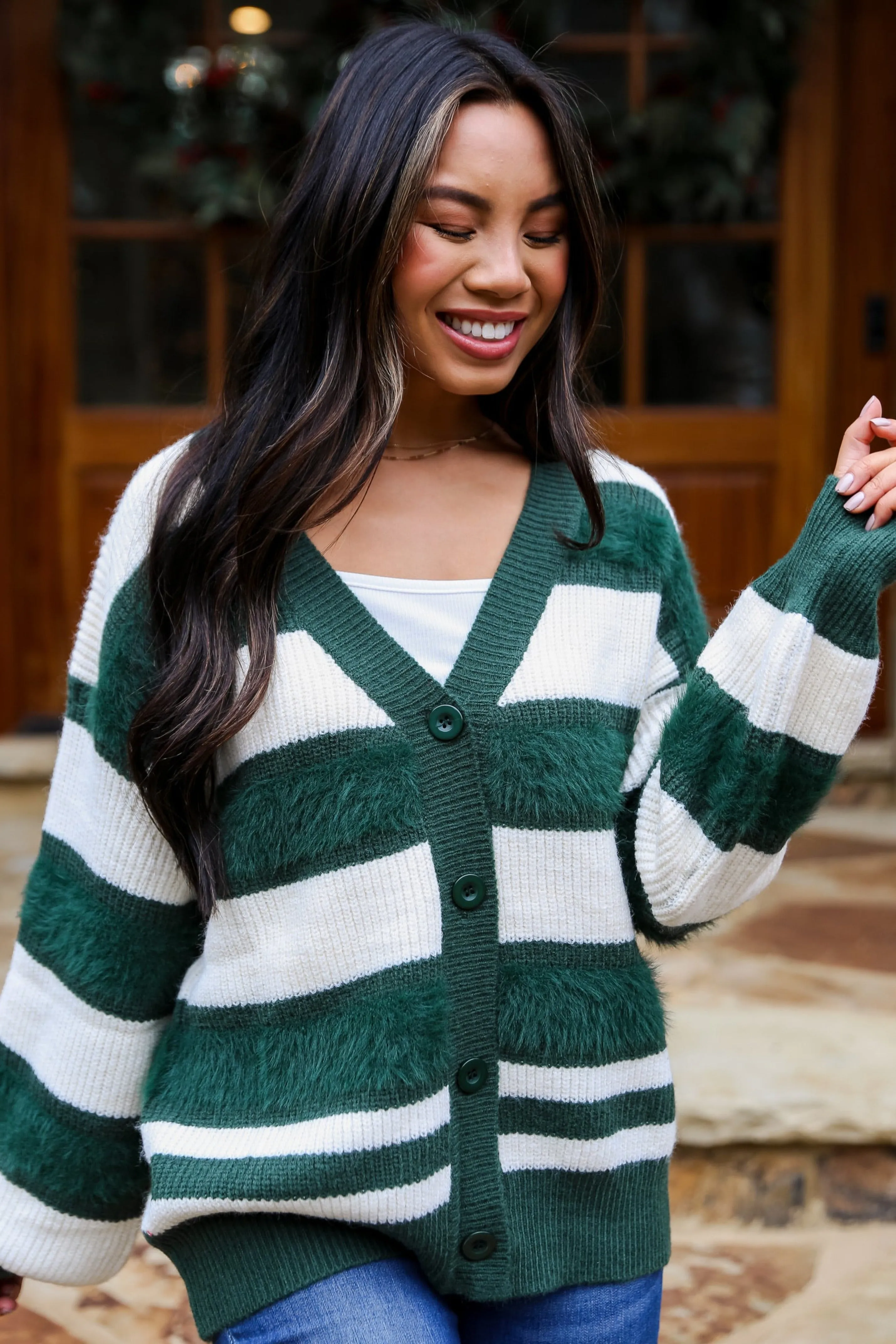 FINAL SALE - Snuggly Expression Hunter Green Striped Oversized Sweater Cardigan