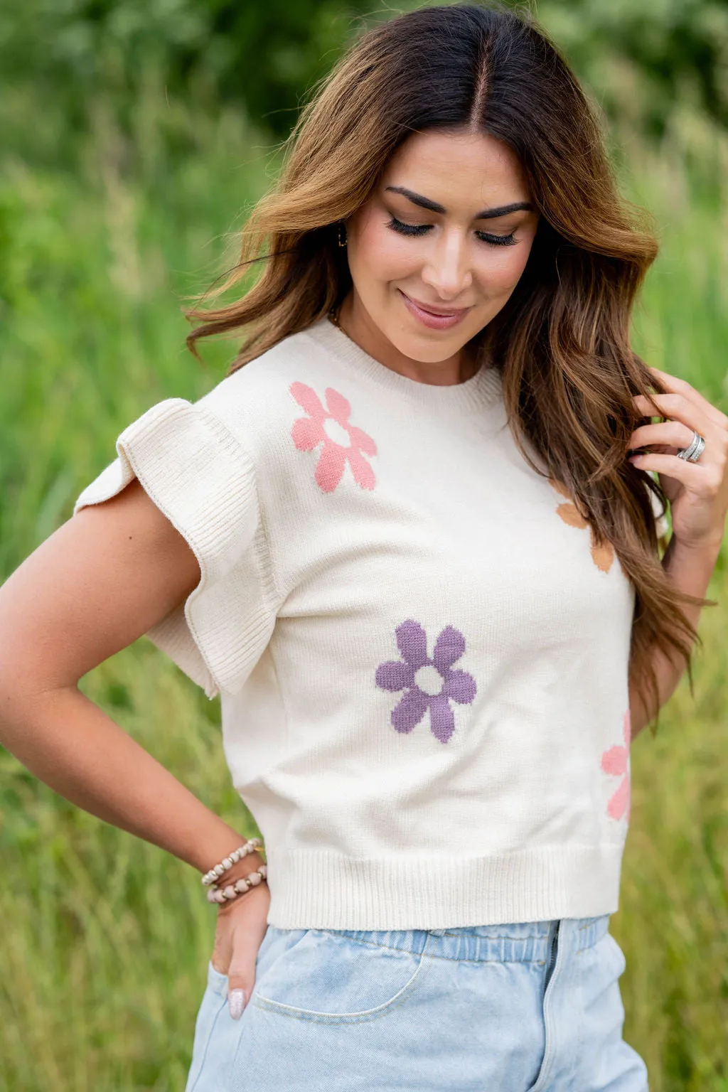 Floral Ribbed Ruffle Knit Tee