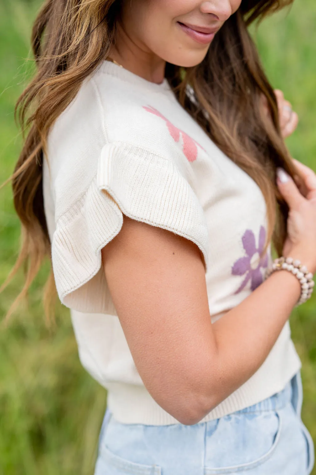 Floral Ribbed Ruffle Knit Tee