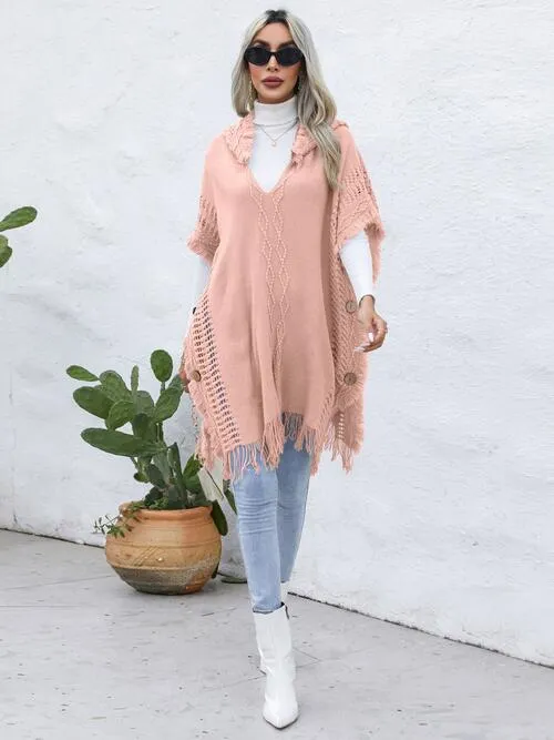 Fringe Trim Buttoned Hooded Poncho