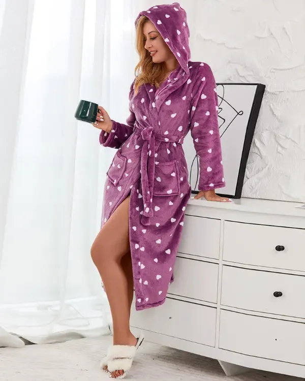 Fuzzy Heart Print Tied Detail Hooded Robe