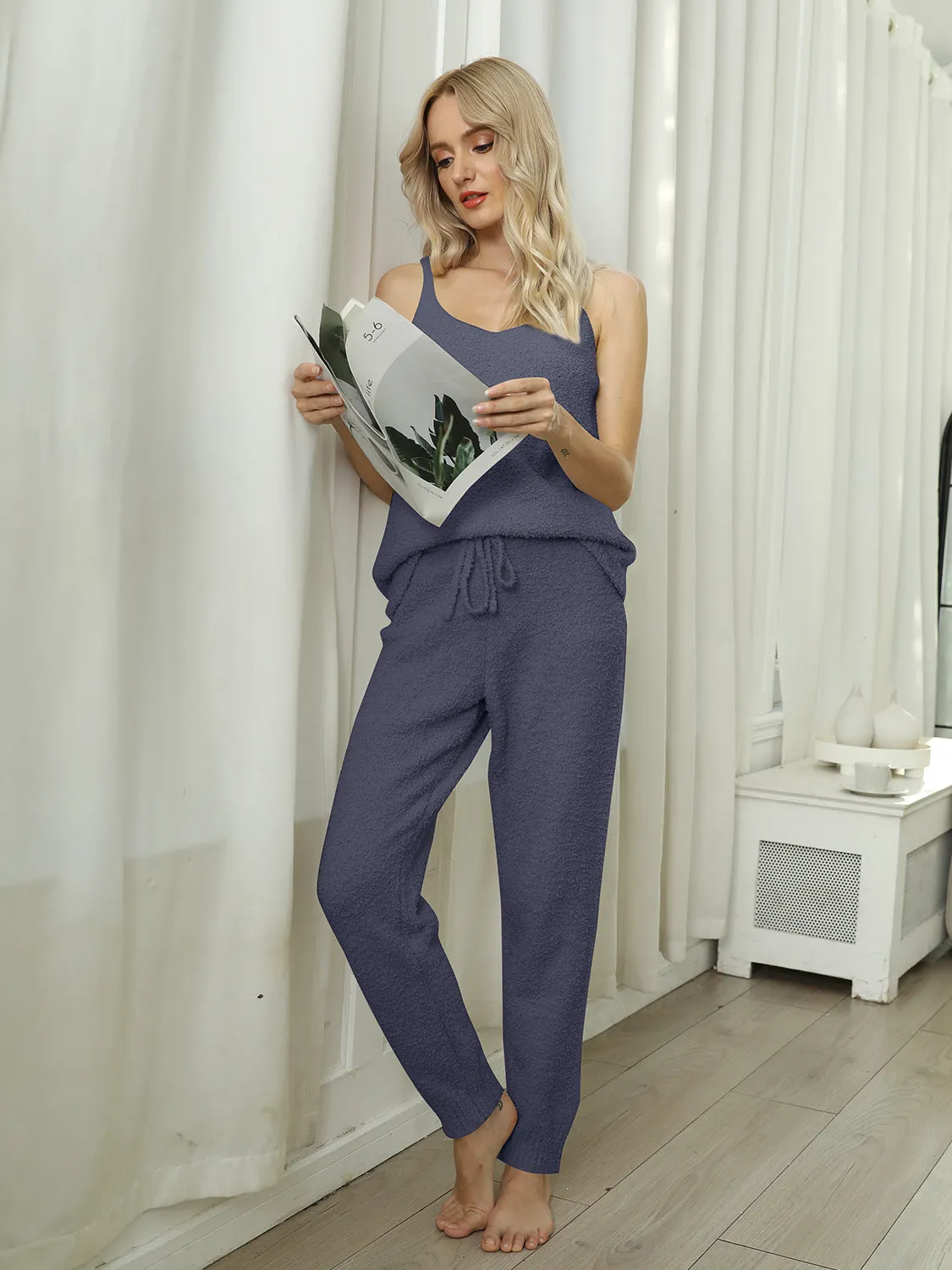 Fuzzy Vneck Cami and Pants Lounge Set