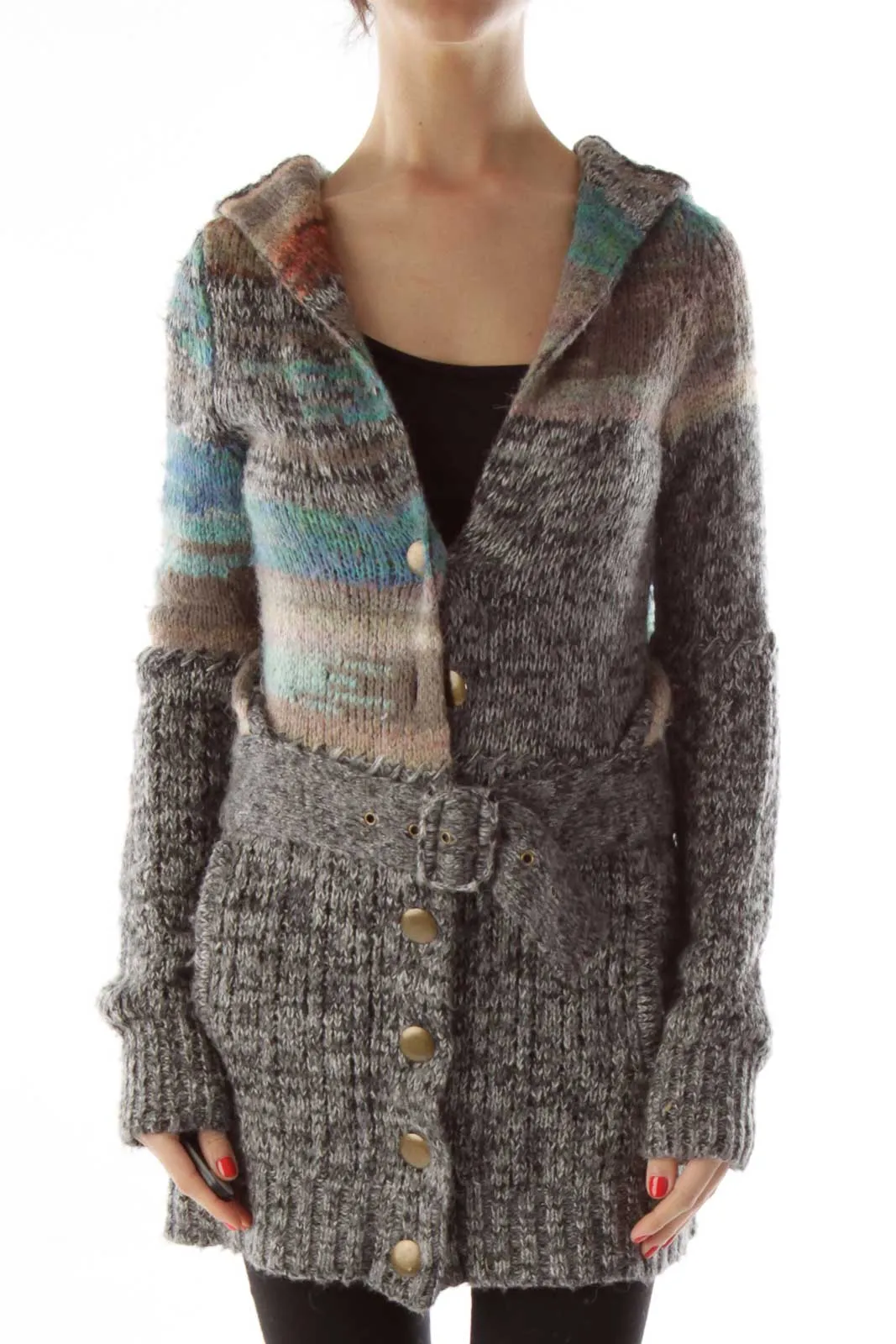 Gray Multicolor Buttoned Hooded Cardigan