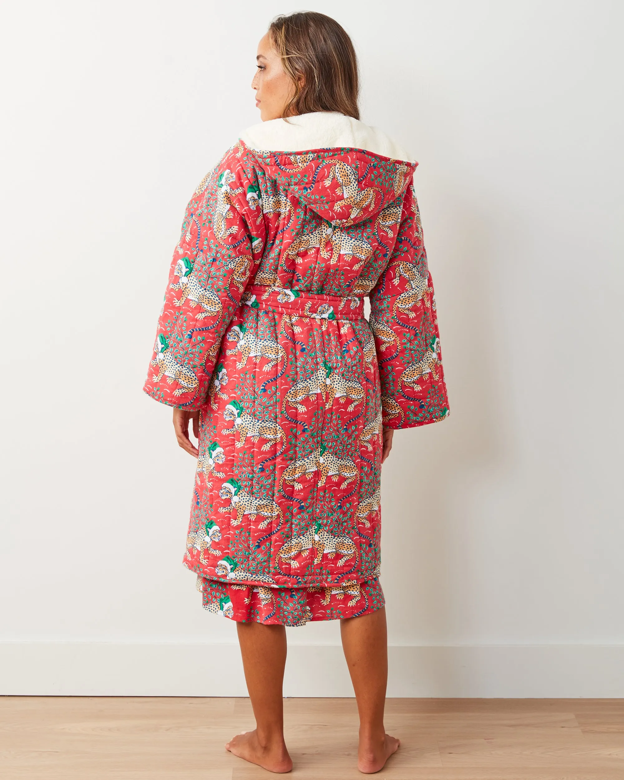 Holly Jolly Bagheera - Flannel Quilted Hooded Sherpa Robe - Ruby