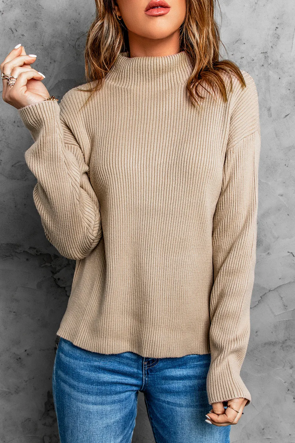 Khaki Ribbed Knit Slit High Neck Sweater