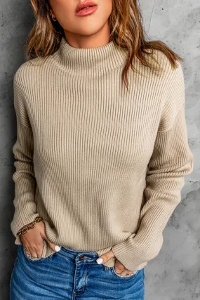 Khaki Ribbed Knit Slit High Neck Sweater