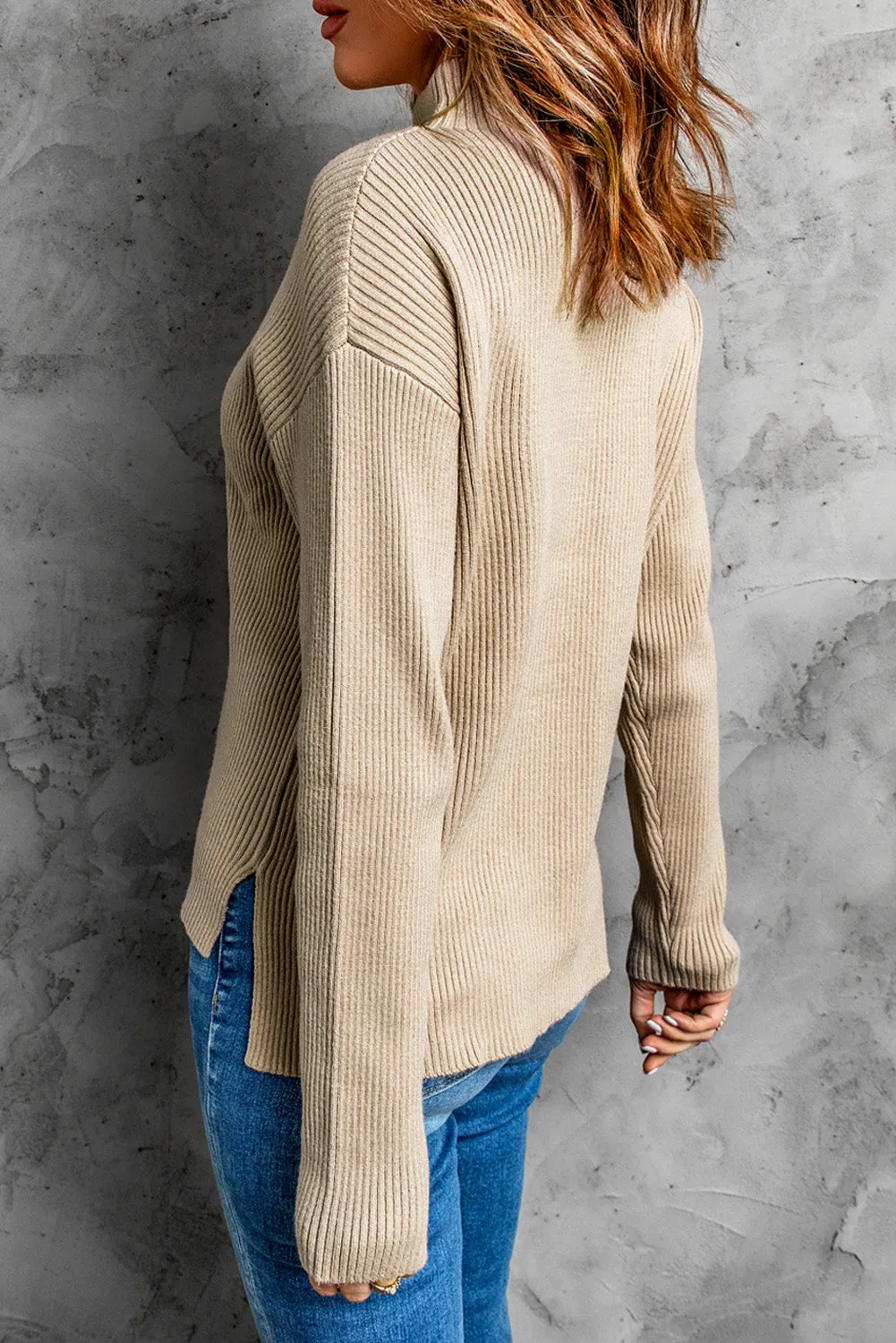 Khaki Ribbed Knit Slit High Neck Sweater