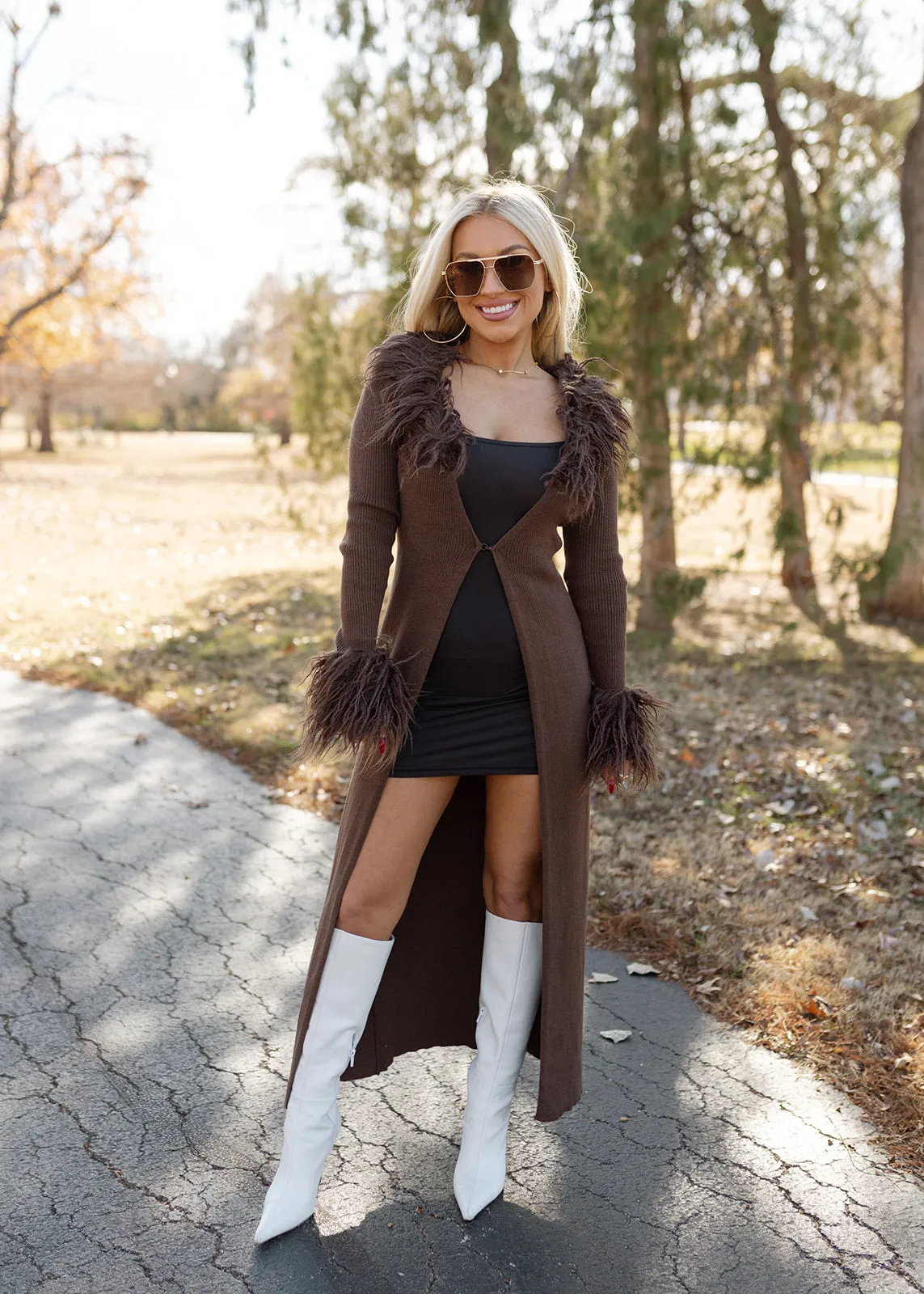 Material Girl Long Fur Cardigan - Chocolate