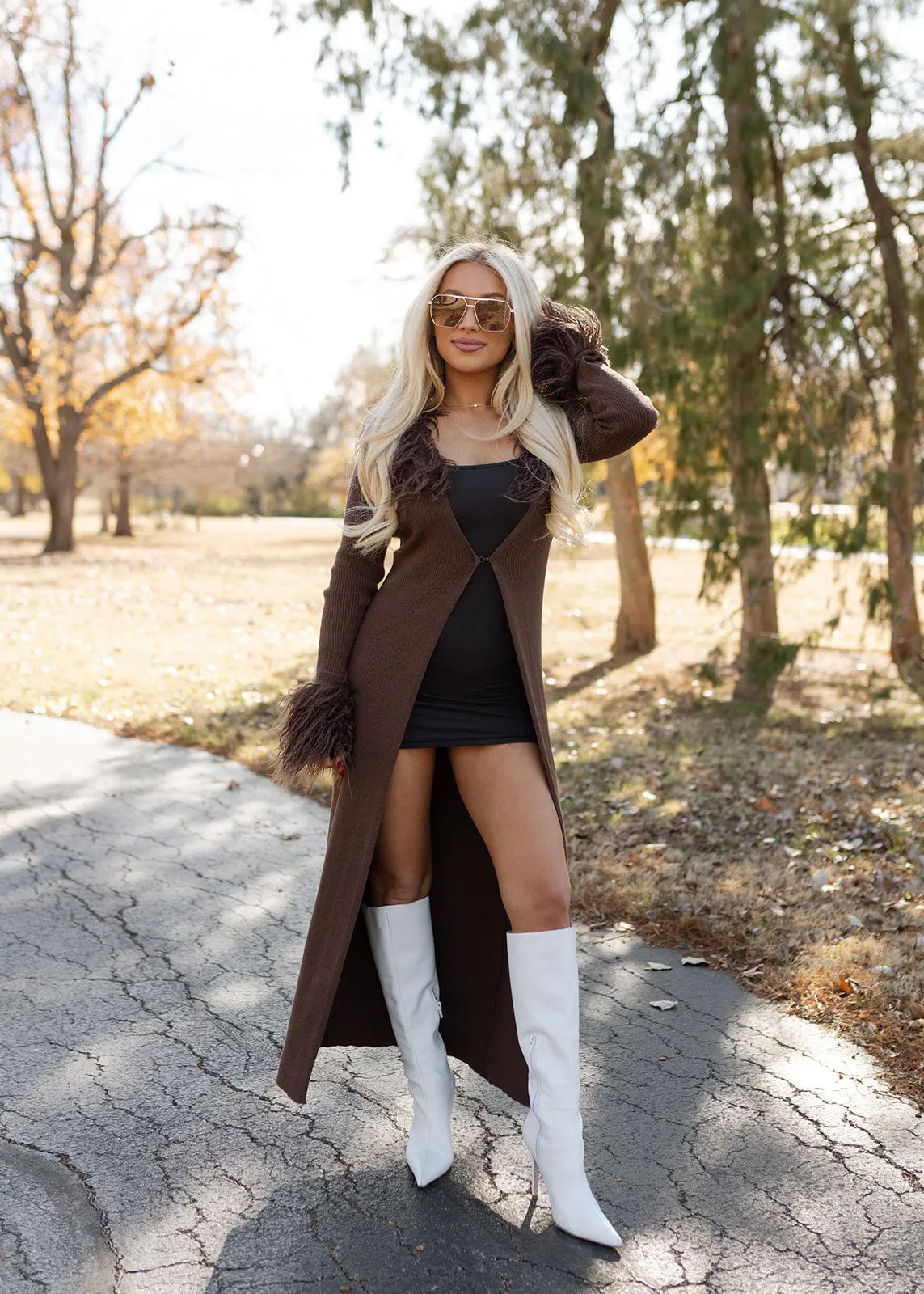 Material Girl Long Fur Cardigan - Chocolate